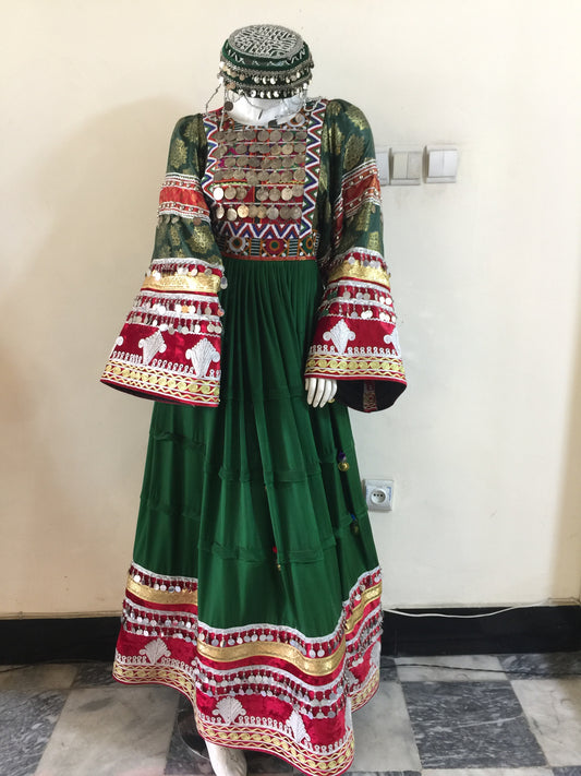 Traditional Afghan Green Dress with Hand-Embroidered Details