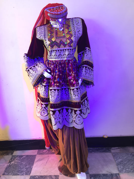 Traditional Maroon Afghan Dress with Embroidery
